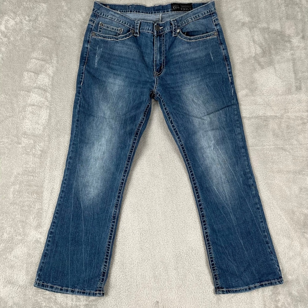 AXEL WOLCOTT Vintage Boot Mens W 36 XL 30 Blue Wash Denim Jeans Distressed